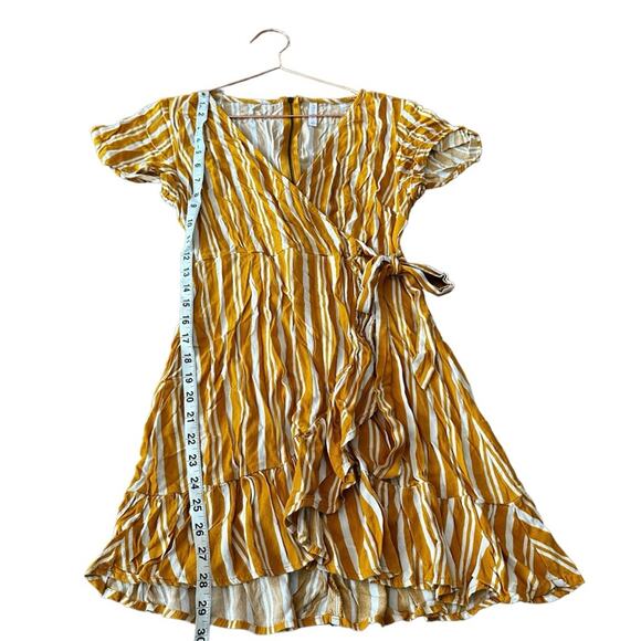 Xhilaration Striped Wrap Short Sleeve Ruffle Mini Dress -Mustard & White stripes - Picture 4 of 6